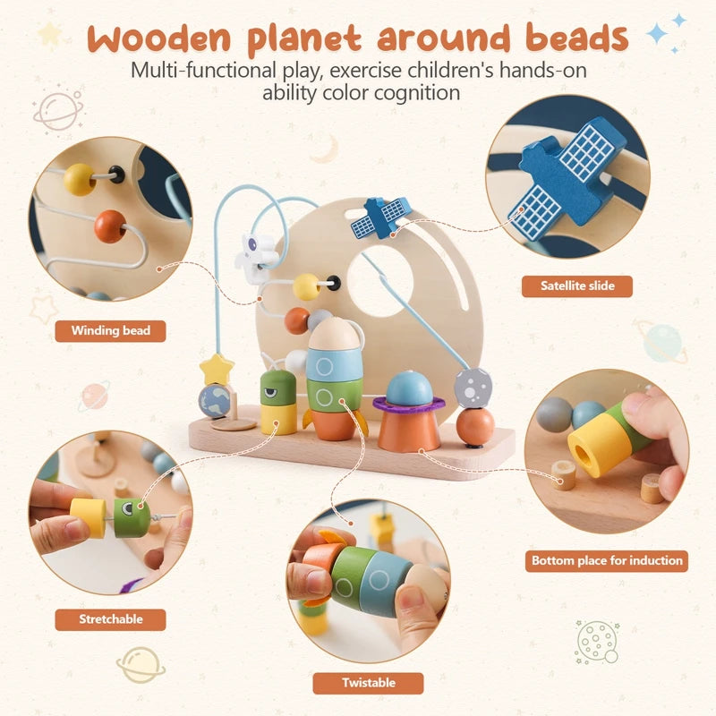 Baby Montessori Cartoon Rocket Satellite Blocks Toys Wooden Surround Planet Maze Toys Infant Color Recognition Educational Toys