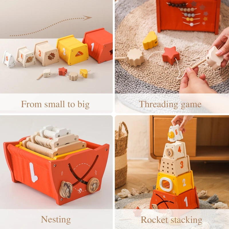 Baby Wooden Numbers Nesting Boxes Preschool Learning Wooden Stacking Balance Puzzle Educational Toys Shape Paired Threading Toy