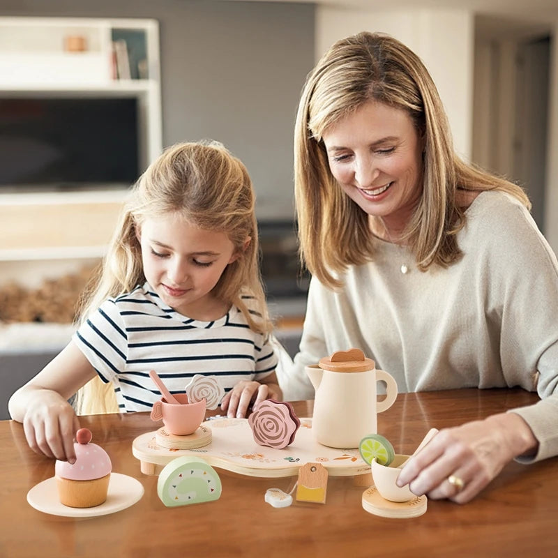 Kid Wooden Afternoon Tea Set Toys Pretend Playing House Role Simulation Kitchen Play Game Early Educational Toys Girls Boys Gift