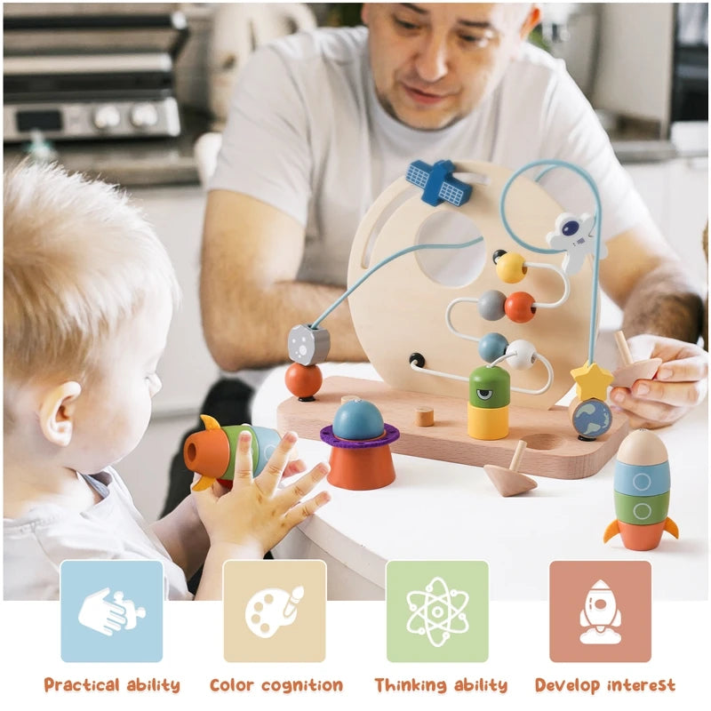 Baby Montessori Cartoon Rocket Satellite Blocks Toys Wooden Surround Planet Maze Toys Infant Color Recognition Educational Toys