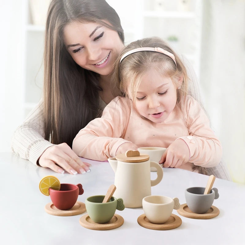 Kids Wooden Afternoon Tea Set Montessori Toy Children Playing House Kitchen Children Educational Learning Toys Blocks Baby Gifts