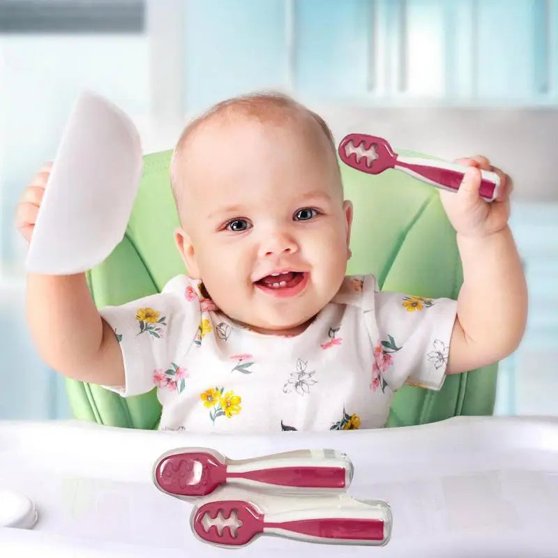 2Pcs Self Feeding Baby Spoon Teething Spoon Self Feeding Weaning Spoons for 6+ Months Babies Pureed Foods Feed Training