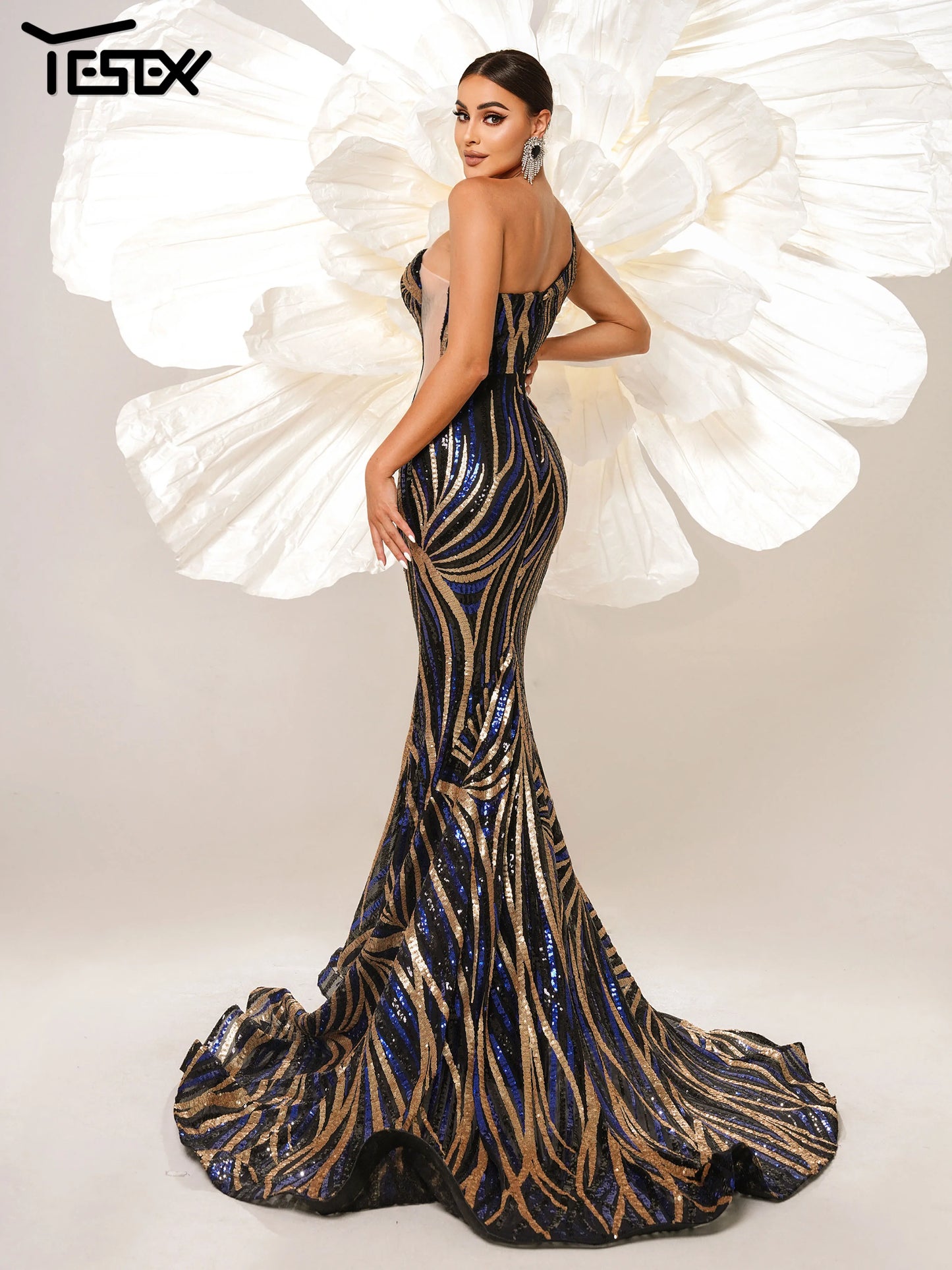 Yesexy 2024 New Blue One Shoulder Sequin Mermaid Evening Gown Formal Occasion Cocktail Floor Length High Quality Luxury Dress