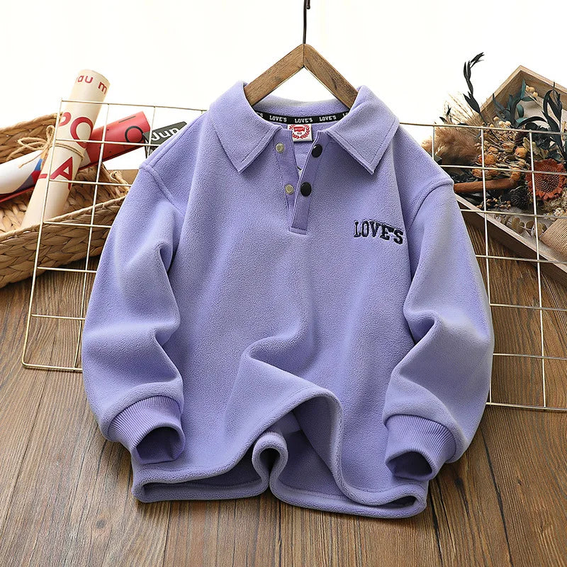 IYEAL 4-14 Years Children Autumn Winter Plus Velvet Pullover Tops Kid Boys Girls Polar Fleece Turndown Collar Sweatshirts