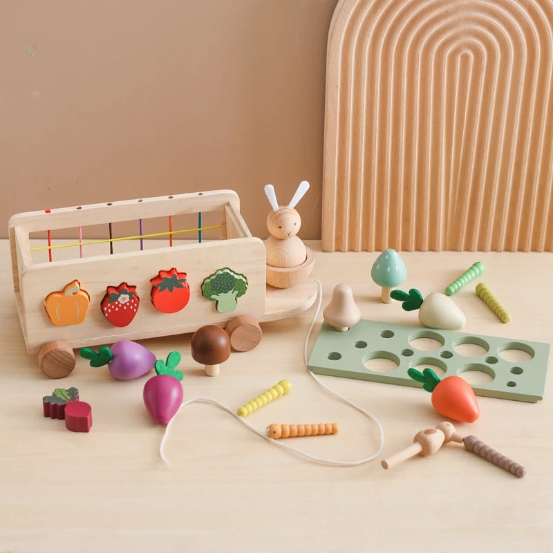 Wooden Turnip Car Stretch Rope Hand-pulled Car Baby Carrot Pulling Toy Shape Matching Toy Parent-child Education Montessori Toys