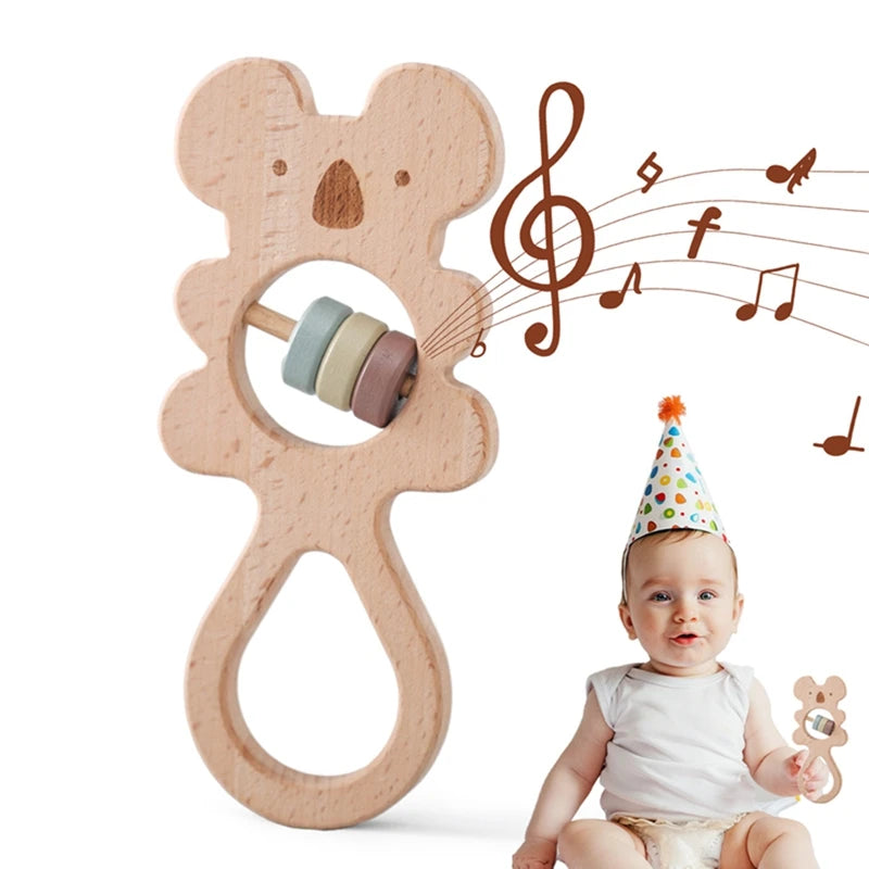 1PC Wooden Rattle Teether Beech Koala Elephant Handbells Rattles BPA Free Rodents Teething Necklace Food Grade Baby Chewable Toy