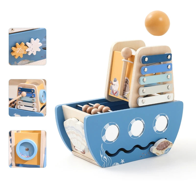 Wooden Ocean Sailboat 5-in-1 Toy Set Castle Stacking Multifunctional Shape Cognitive Toy Baby Montessori Education Toys Kid Gift