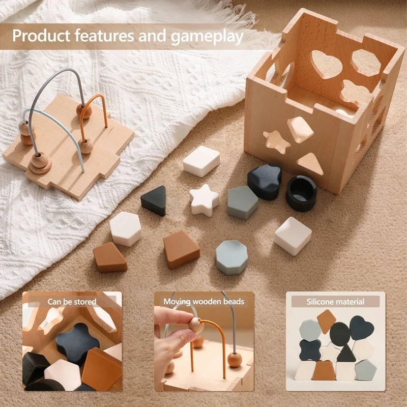 Wooden Box Toys Five-in-one Multifunctional Geometric Shape Blocks Shape Matching Toys Montessori Puzzle Education Stacking Game