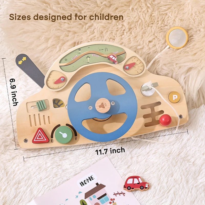 Baby Wooden Montessori Toys Steering Wheel Busy Board Wooden Sensory Toys for Toddlers Preschool Travel Learning Activities Gift