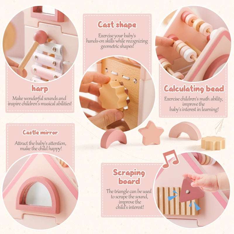 Baby Montessorri Toys Wooden Five-in-one Pink House Blocks Toy Xylophone Multifunctional Busy Toy Geometric Educational Toy Gift