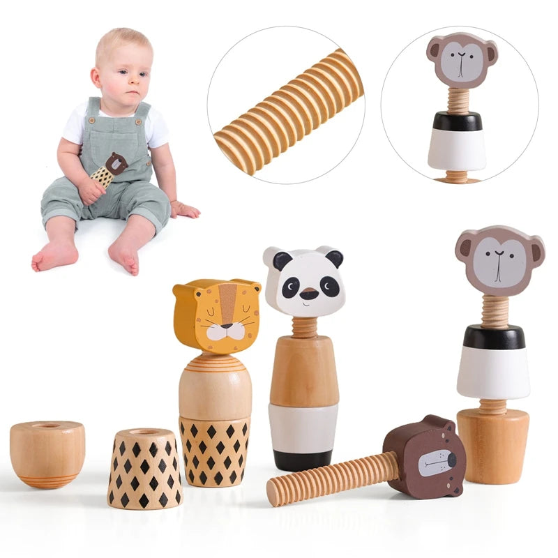 Wooden Montessori Toys Creative Cartoon Animal Bear Shaped Knob Screw Rattles Block Toys Kid Early Educational Puzzle Toys Gifts