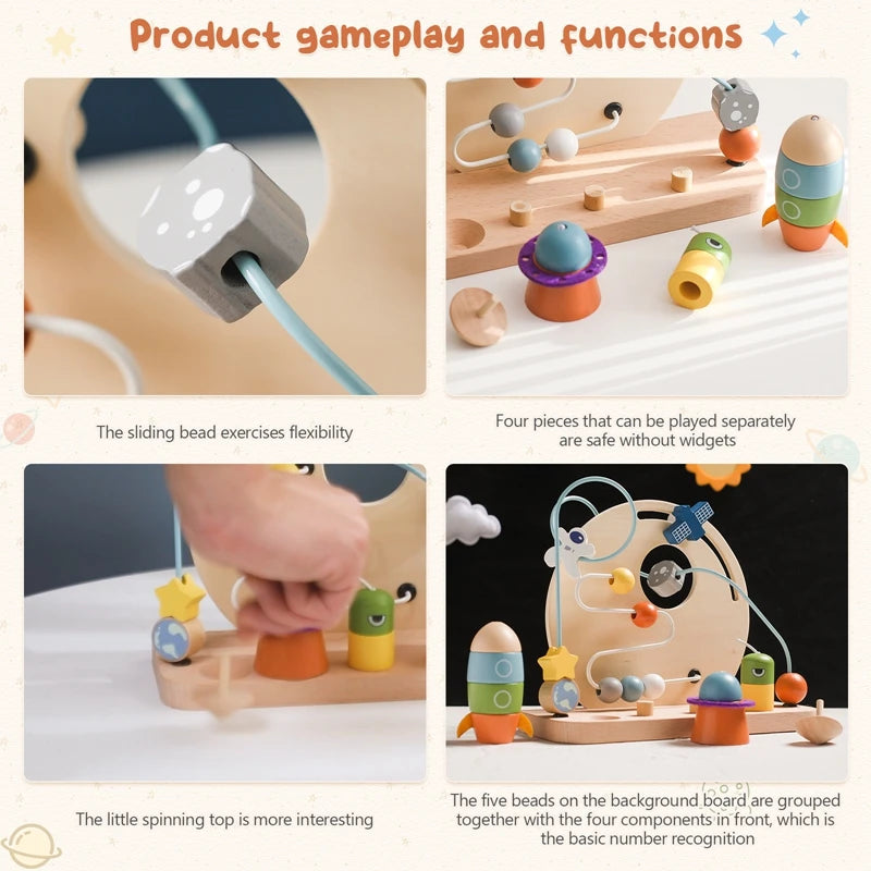 Baby Montessori Cartoon Rocket Satellite Blocks Toys Wooden Surround Planet Maze Toys Infant Color Recognition Educational Toys