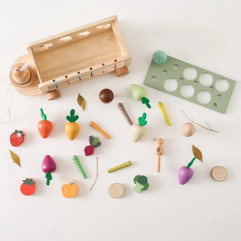 Wooden Turnip Car Stretch Rope Hand-pulled Car Baby Carrot Pulling Toy Shape Matching Toy Parent-child Education Montessori Toys