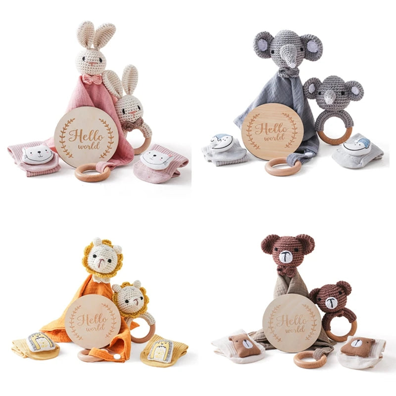 Baby Wooden Crochet Bunny Bracelet Rattle Cotton Blanket Bath Stuff Towel Brush Set Gifts Box Brushs Towel For Baby Shower Gift