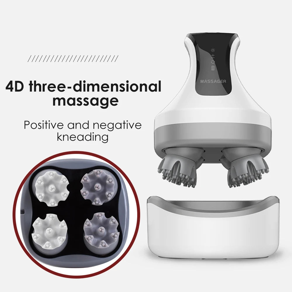 4D Magnetic Rechargeable Head Massager High-power Wireless Electric Scalp IPX7 Waterproof Positive Negative Knead Promote Growth
