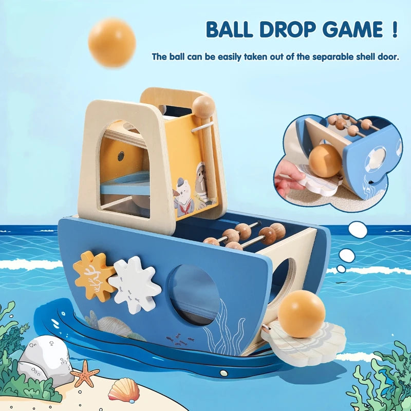 Wooden Ocean Sailboat 5-in-1 Toy Set Castle Stacking Multifunctional Shape Cognitive Toy Baby Montessori Education Toys Kid Gift
