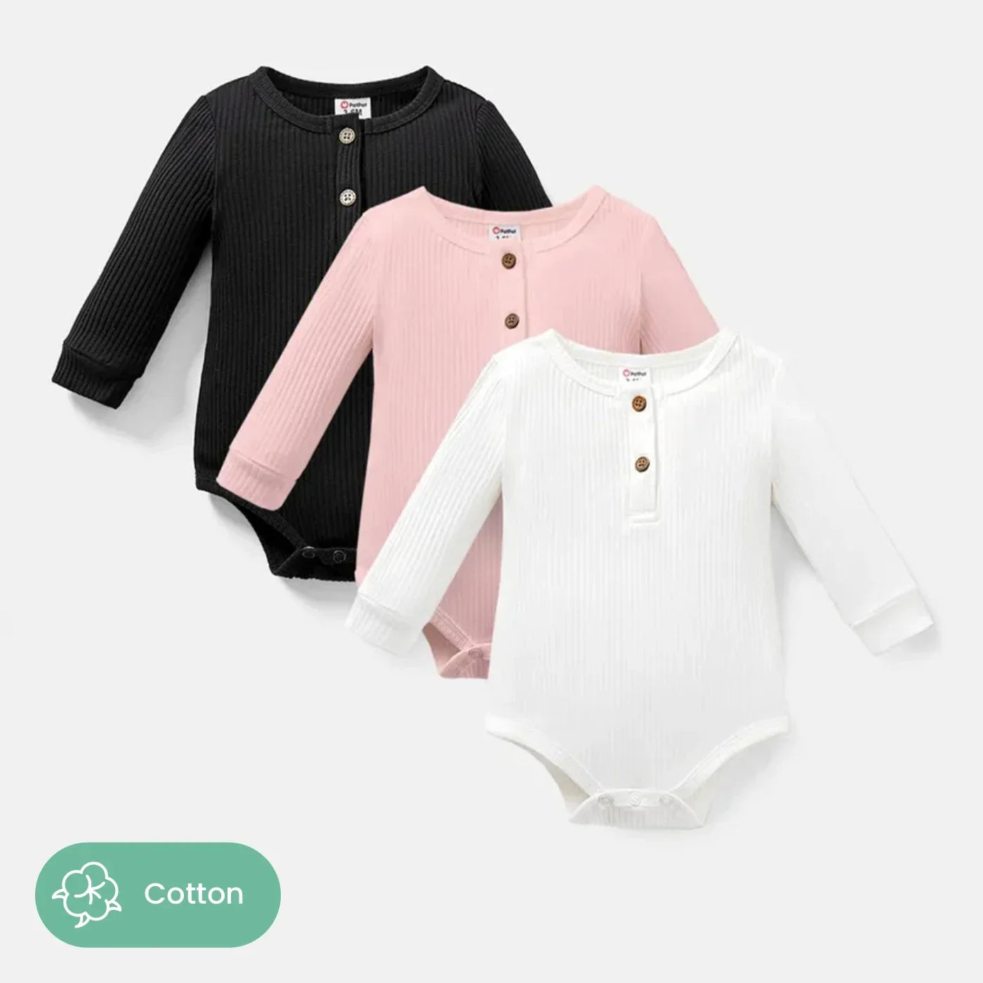 PatPat 3-Pack Baby Girl/Boy Cotton Button Design Solid Color Ribbed Long-sleeve Rompers Soft and Comfortable