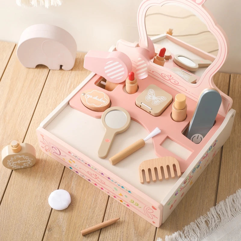 Wooden Makeup Set Play House Toys Children Simulation Dressing Table Makeup Toys Girls Small Princess Set Cosmetics Toy Girl Toy