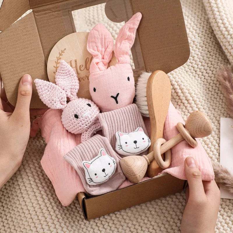 Baby Cotton Blanket Newborn Bath Set Gifts Box Wooden Ring Crochet Rabbit Rattle Brushs Bracelet Towel For Baby Shower Gift