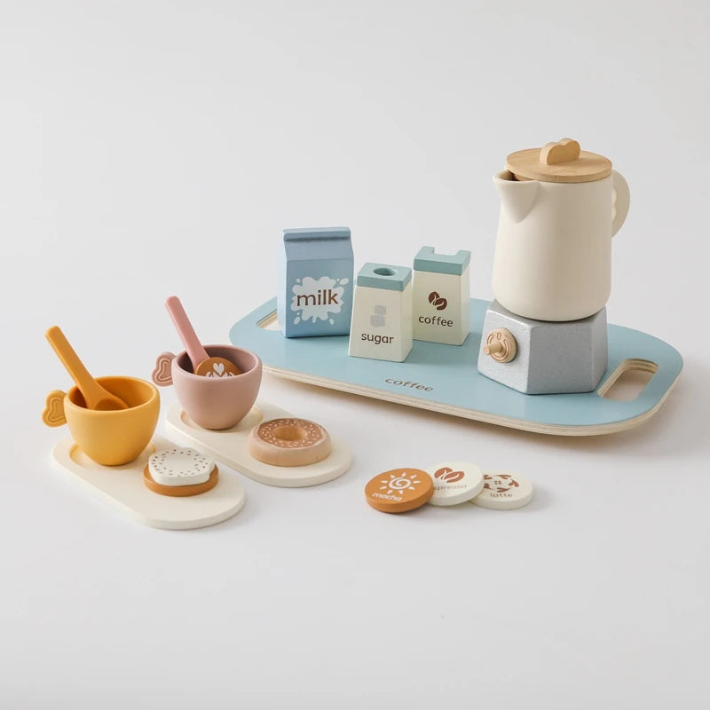 Montessori Wooden Coffee Afternoon Tea Set Toy Kid Simulation Kitchen BPA Free Silicone Teapot Teacup Early Educational Toy Gift