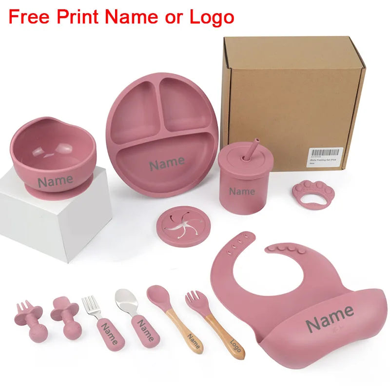 11Pcs Silicone Feeding Sets For Baby Personalized Name Children's Tableware Suction Cup Plates Bowl Spoon Feeding Cups BPA Free