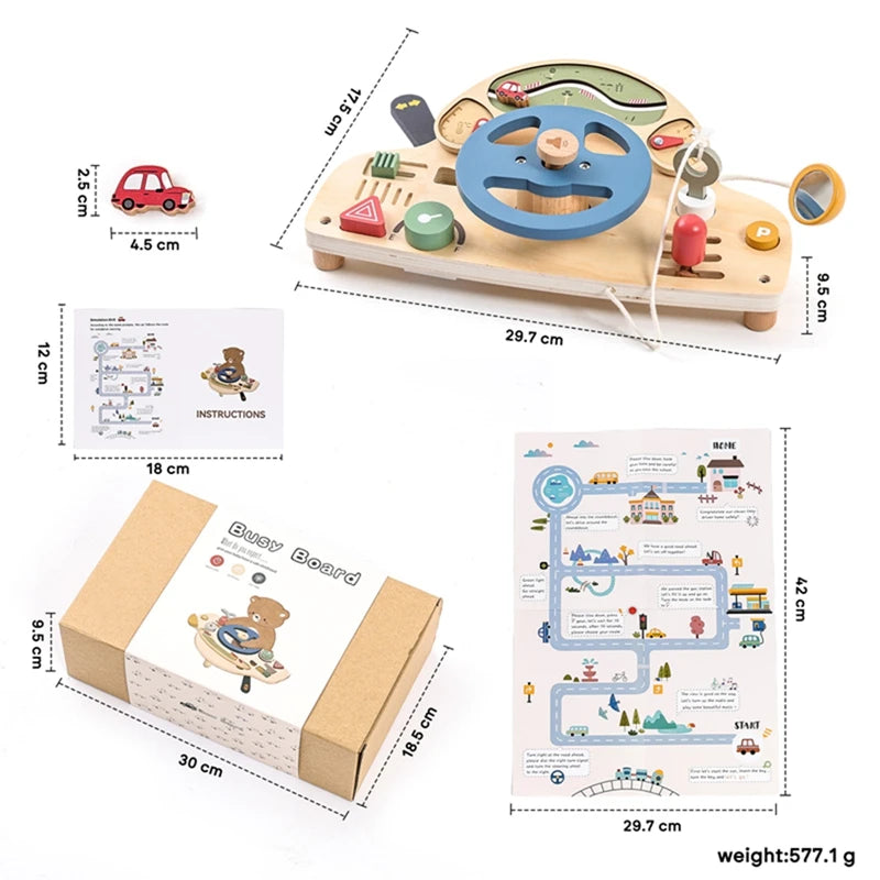 Baby Montessori Toys Steering Wheel Wooden Busy Board Wooden Sensory Toys Toddlers Preschool Travel Learning Activities Kid Gift