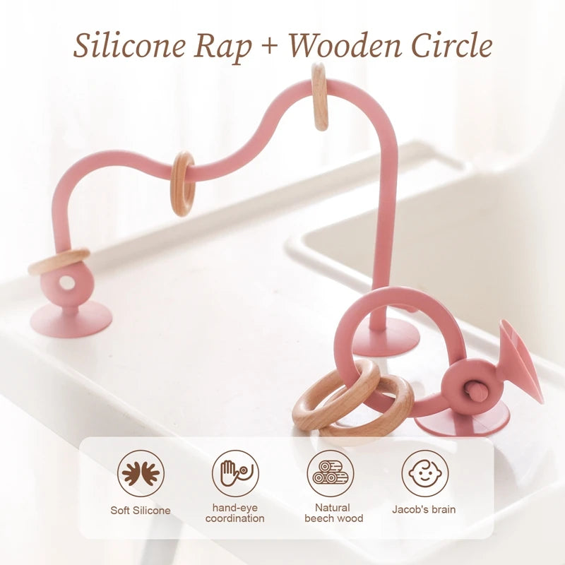 Baby Silicone Tabletop Toys Kids Wood Ring Soft Silicone Teether Toys Infant Puzzle Around Track Maz Teething Chewing Toys Gifts