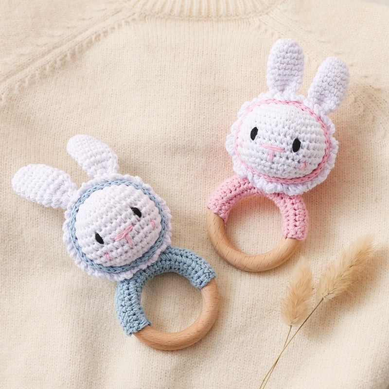 Wooden Baby Rattle Toys Wooden Teether Music Ring Crochet Rabbit Music Rattles Soother Bracelet for Toddler Baby Teething Gifts