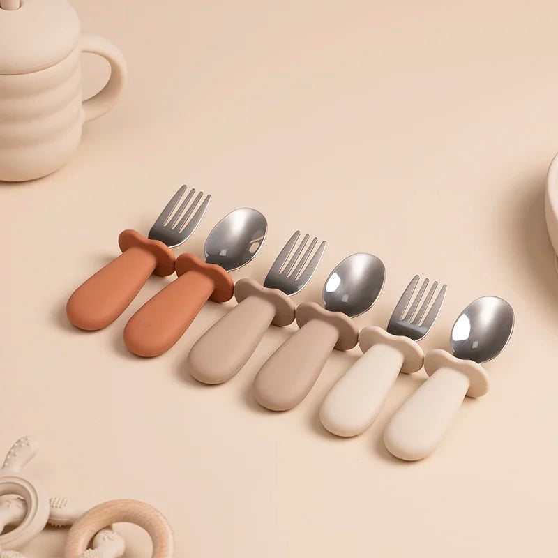 2pcs/Set Baby Tableware Children Utensil Stainless Steel Food Feeding Spoon Fork Set Infant Toddler Silicone Dinnerware Cutlery