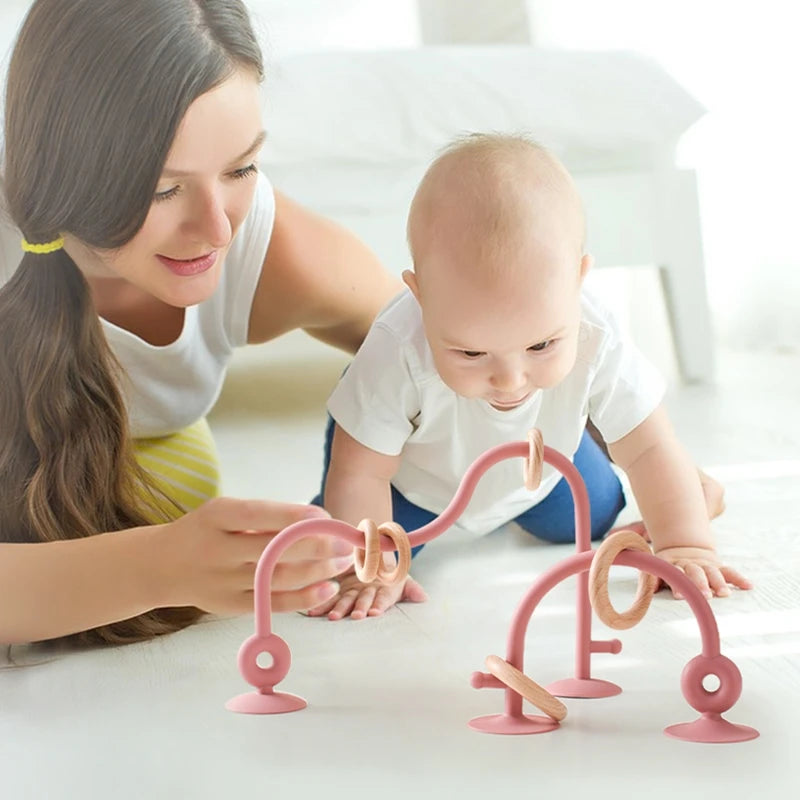 Baby Silicone Tabletop Toys Kids Wood Ring Soft Silicone Teether Toys Infant Puzzle Around Track Maz Teething Chewing Toys Gifts