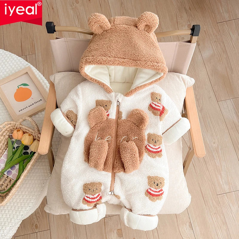 IYEAL New Autumn and Winter Cute Little Bear Hooded Warm Fleece Cotton Long-sleeve Jumpsuit for Baby Boy and Girls Baby Clothes