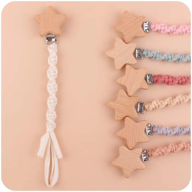 Baby Beech Wood Pentagram Pacifier Clip Handmade Woven Cotton Soother Nipple Chain For Baby Nursing Teether Chewing Toys Gift
