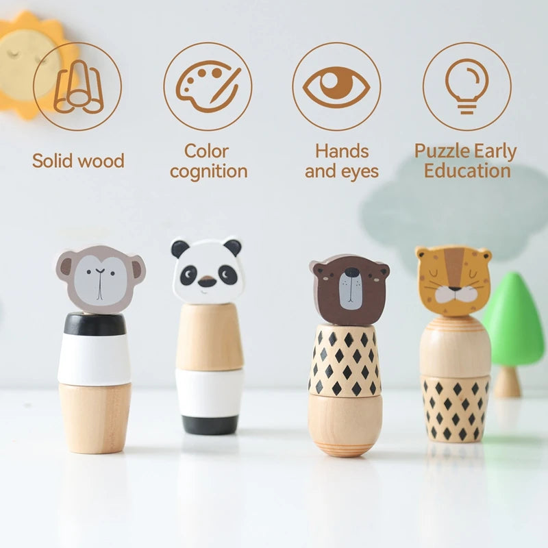 Baby Beech Wooden Montessori Animals Screw Nut Assembly DIY Toys Animal Color Matching Blocks Early Educational Puzzle Toys Kids