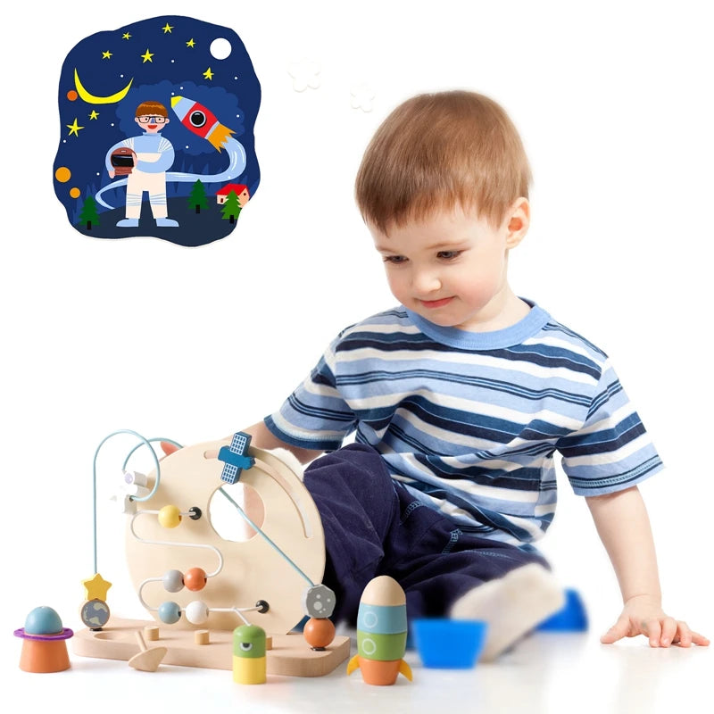 Baby Montessori Cartoon Rocket Satellite Blocks Toys Wooden Surround Planet Maze Toys Infant Color Recognition Educational Toys