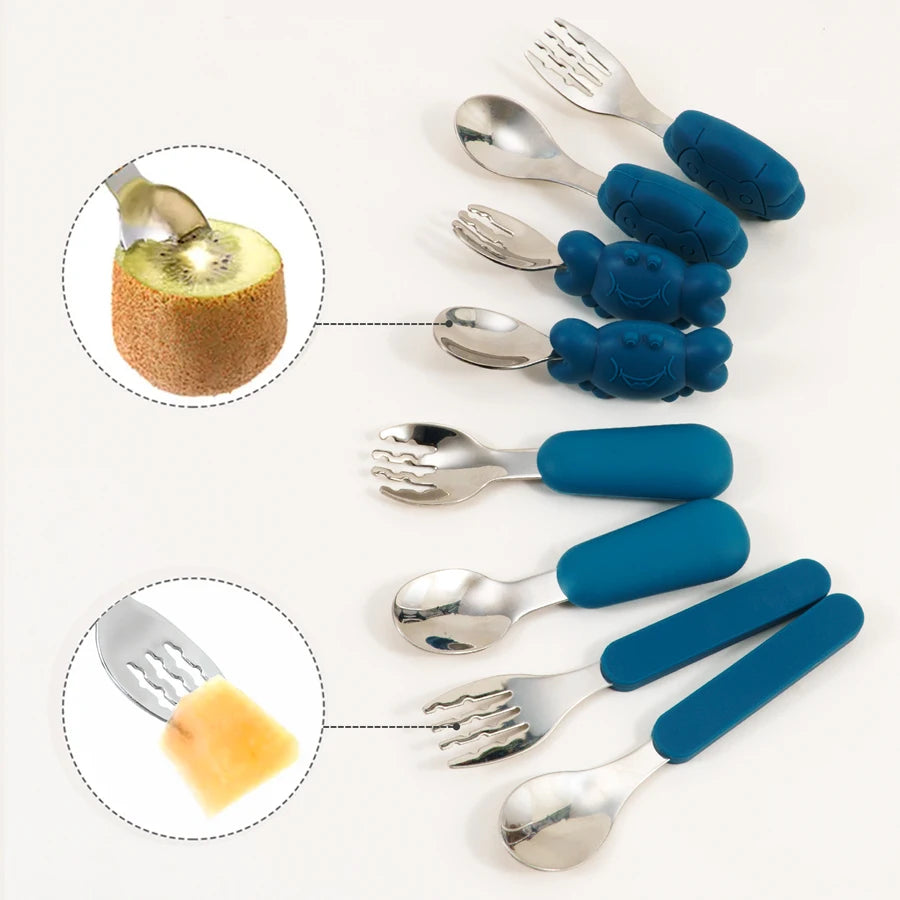 Bebe Feeding Spoon Fork Set Silicone Handle Cutlery Crab Lion Stainless Steel Utensils Baby Items With Free Shipping