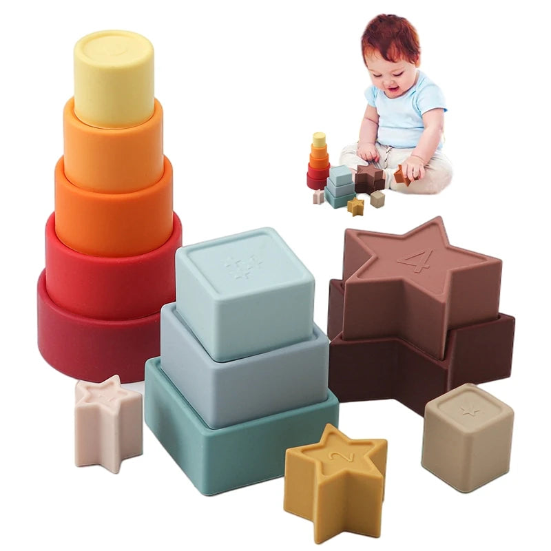 Baby Toy Soft Building Blocks Silicone Stacking Blocks Round Shape Silicone Construction Toy Rubber Teethers Montessori Toy Gift