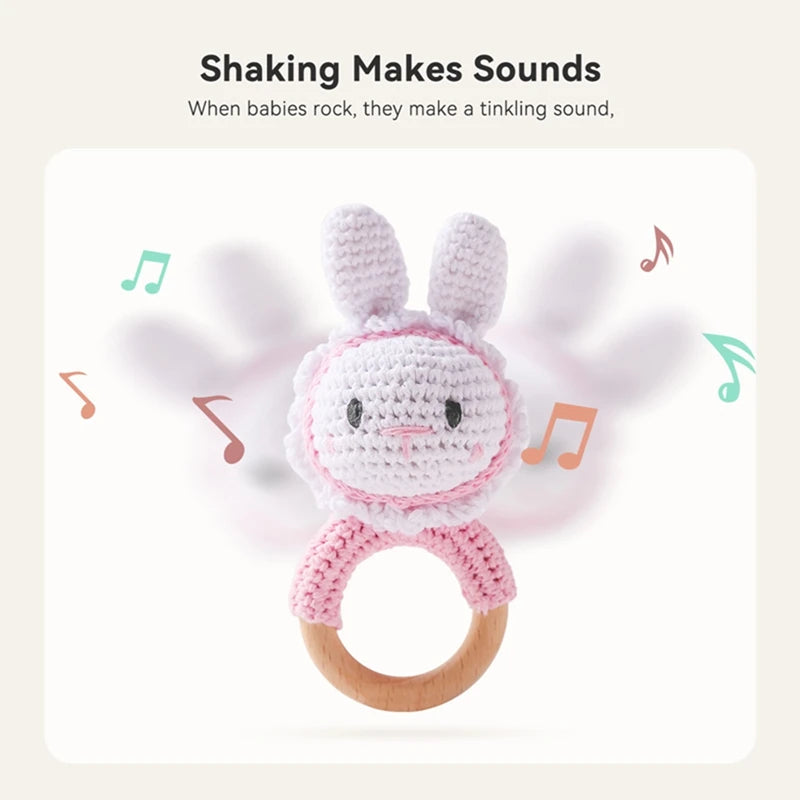 Wooden Baby Rattle Toys Wooden Teether Music Ring Crochet Rabbit Music Rattles Soother Bracelet for Toddler Baby Teething Gifts