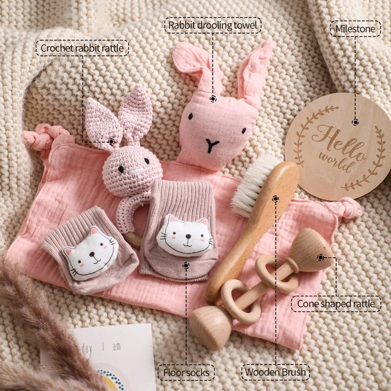 Baby Cotton Blanket Newborn Bath Set Gifts Box Wooden Ring Crochet Rabbit Rattle Brushs Bracelet Towel For Baby Shower Gift