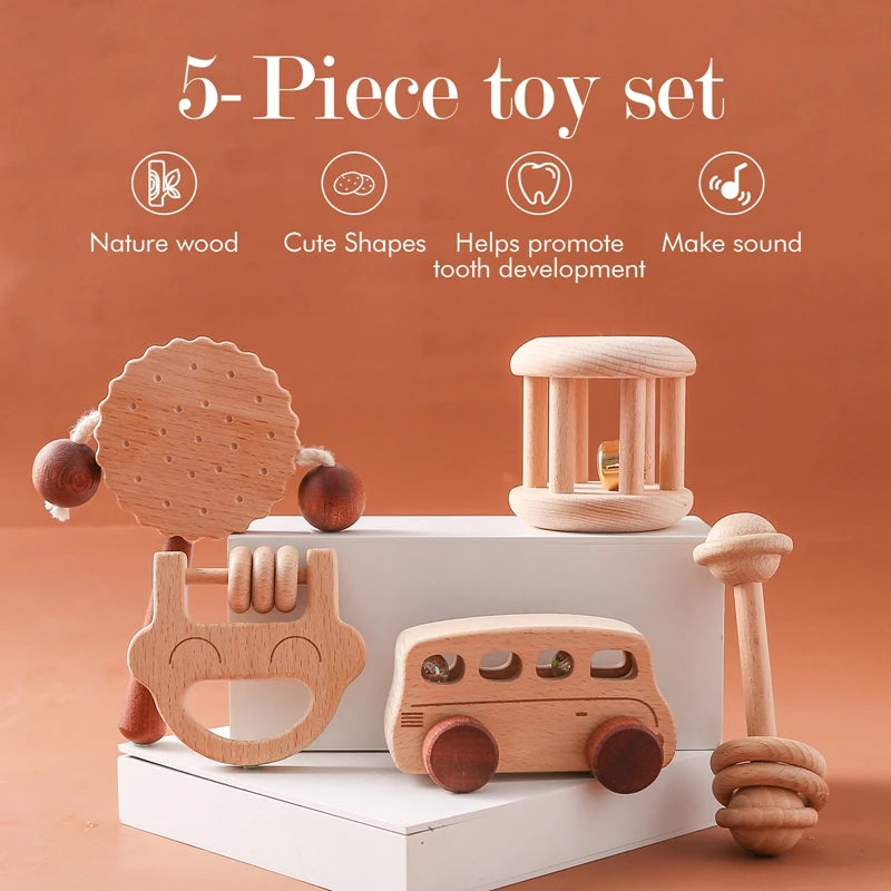 Baby Wooden Rattle Toys Beech Blocks Cartoon Car Rattle Toy Kid Hand Bell Educational Montessori Teething Play Gym Baby Toy Gift