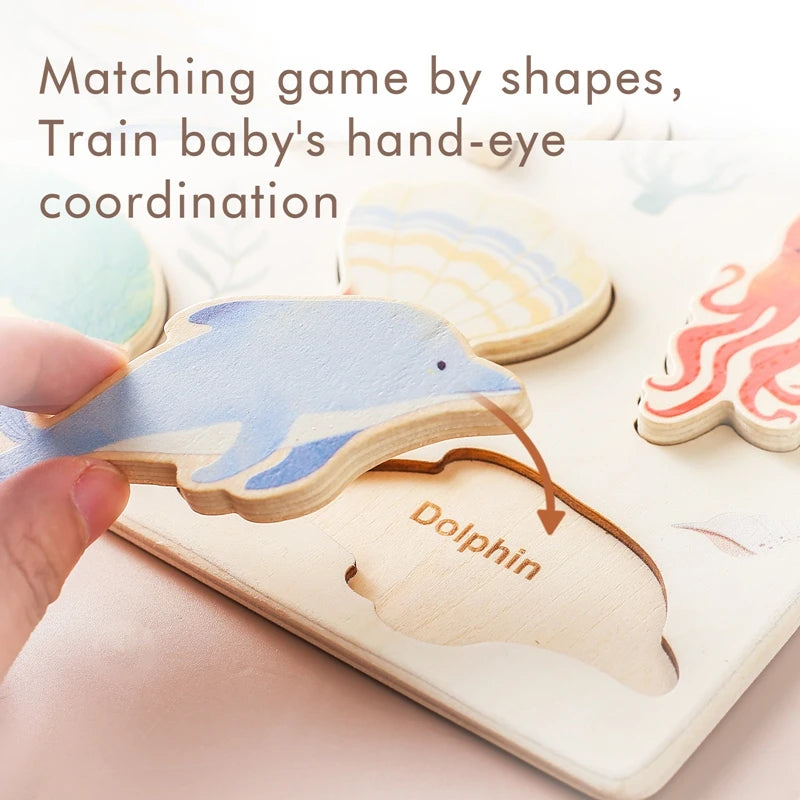 Wooden Puzzle Montessori Toys Baby Cartoon Ocean Animal Colorful Learning Education Block Toys Tangram Jigzaw Cognitive Kid Gift