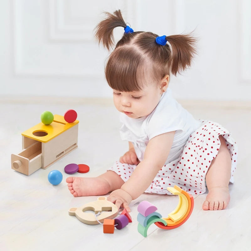 Montessori Wooden Toys Baby Colorful Wooden Throwing Coin Drawer Box Drum Training Kids Sensory Early Education Toys Baby Gifts