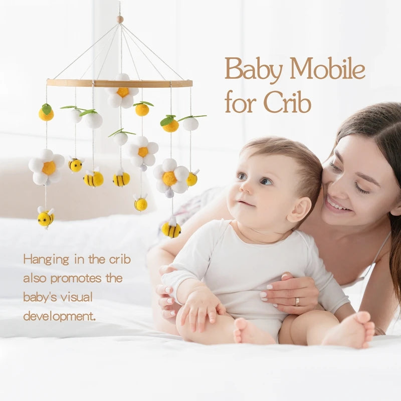 Baby Rattle Toys Wooden Mobile Musical Bed Bell Hanging Toy 0-12Month Newborn Cute Honeybee Hairball Infant Crib Holder Brackets