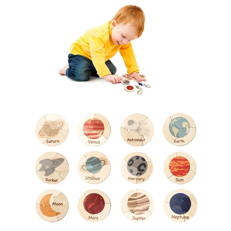 Wooden Puzzle Toy Children Cartoon Ocean Animal Planets Shape Puzzle Learning EducationToys Color Shape Cognitive Training Gift