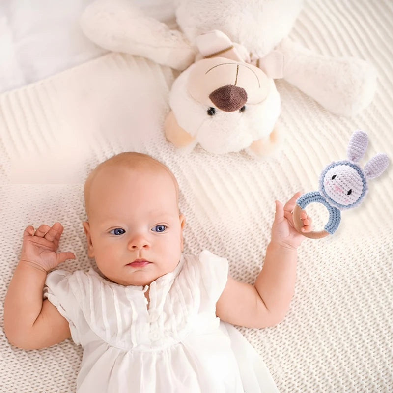 Wooden Baby Rattle Toys Wooden Teether Music Ring Crochet Rabbit Music Rattles Soother Bracelet for Toddler Baby Teething Gifts