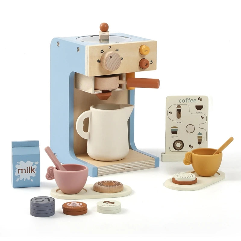 Kids Kitchen Toy Set Wooden Coffee Maker Set Simulation Cookie Maker Kit Pretend Play Educational Toy Block Educational Toy Gift