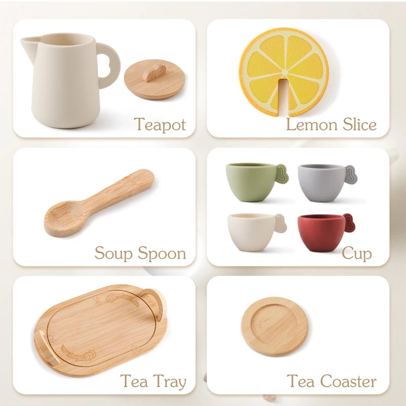 Kids Wooden Afternoon Tea Set Montessori Toy Children Playing House Kitchen Children Educational Learning Toys Blocks Baby Gifts