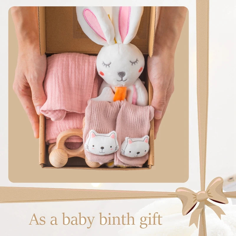 1set Baby Towel Bath Gift Box Set Double Sided Cotton Blanket Comfort Scarf Set Newborn Rabbit Rattle Toy Baby Birth Stuff Gifts