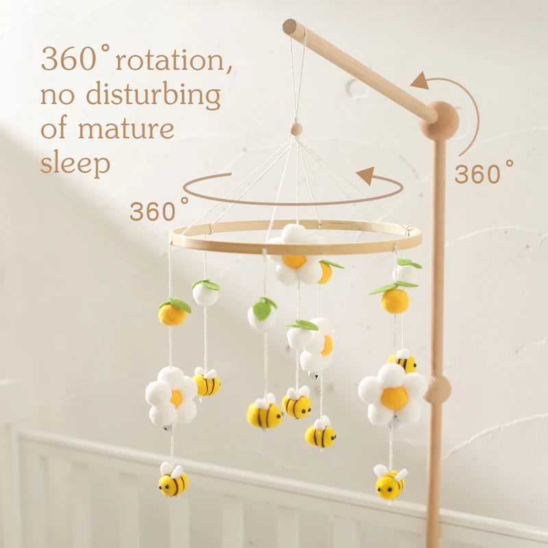 Baby Rattle Toys Wooden Mobile Musical Bed Bell Hanging Toy 0-12Month Newborn Cute Honeybee Hairball Infant Crib Holder Brackets