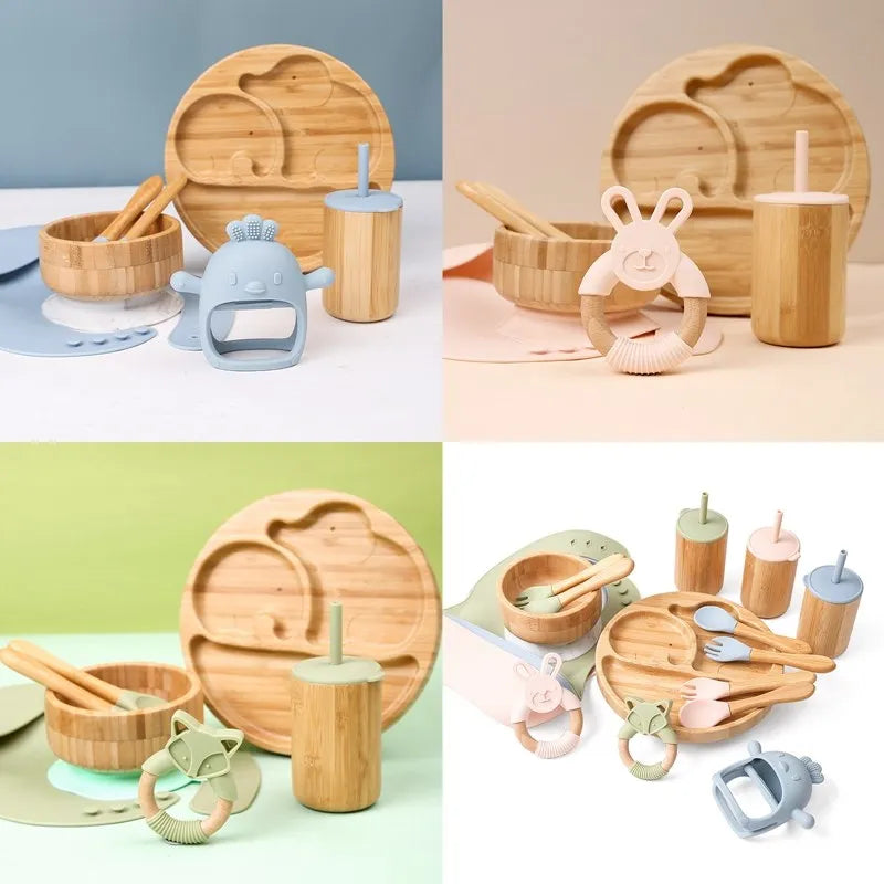 Wooden Dinner Plate Feeding Supplies Bamboo Baby Tableware Silicone Suction Plate Bowl BPA Free Baby Stuff Newborn Accessories