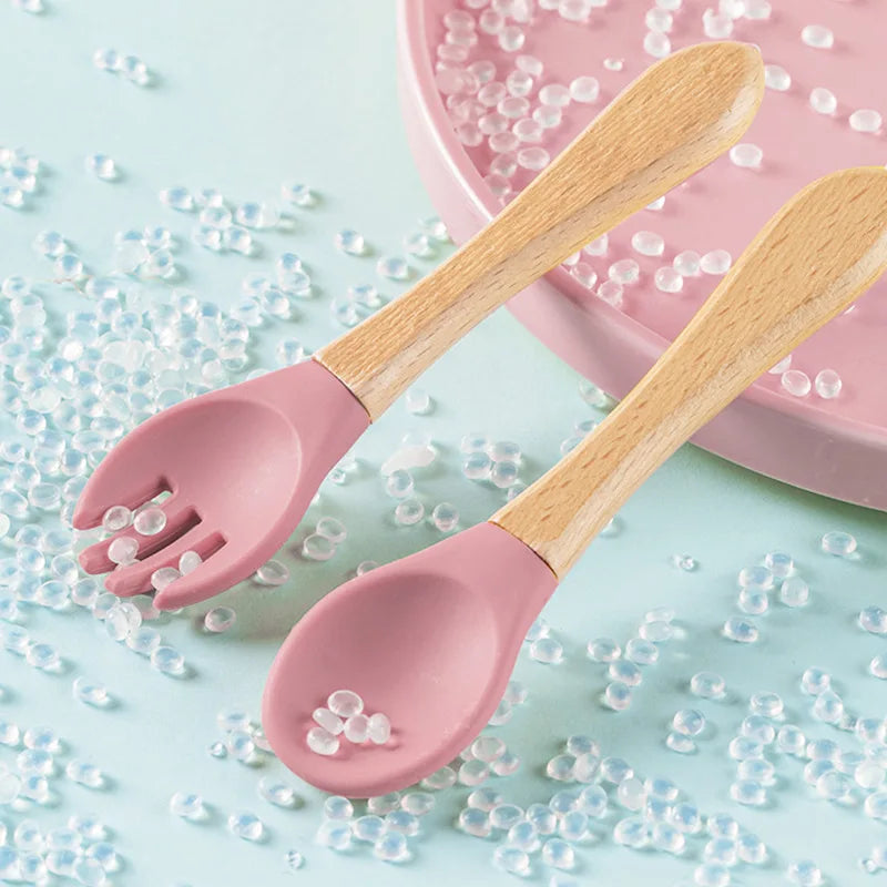 Custom Name Personalized Baby Bamboo Fork Silicone Wooden Feeding Spoon Toddlers Infant Feeding Accessories Organic BPA Free